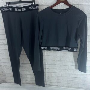 Victoria's Secret Sport Gray Long Sleeve Top and Leggings with Black VS Branding